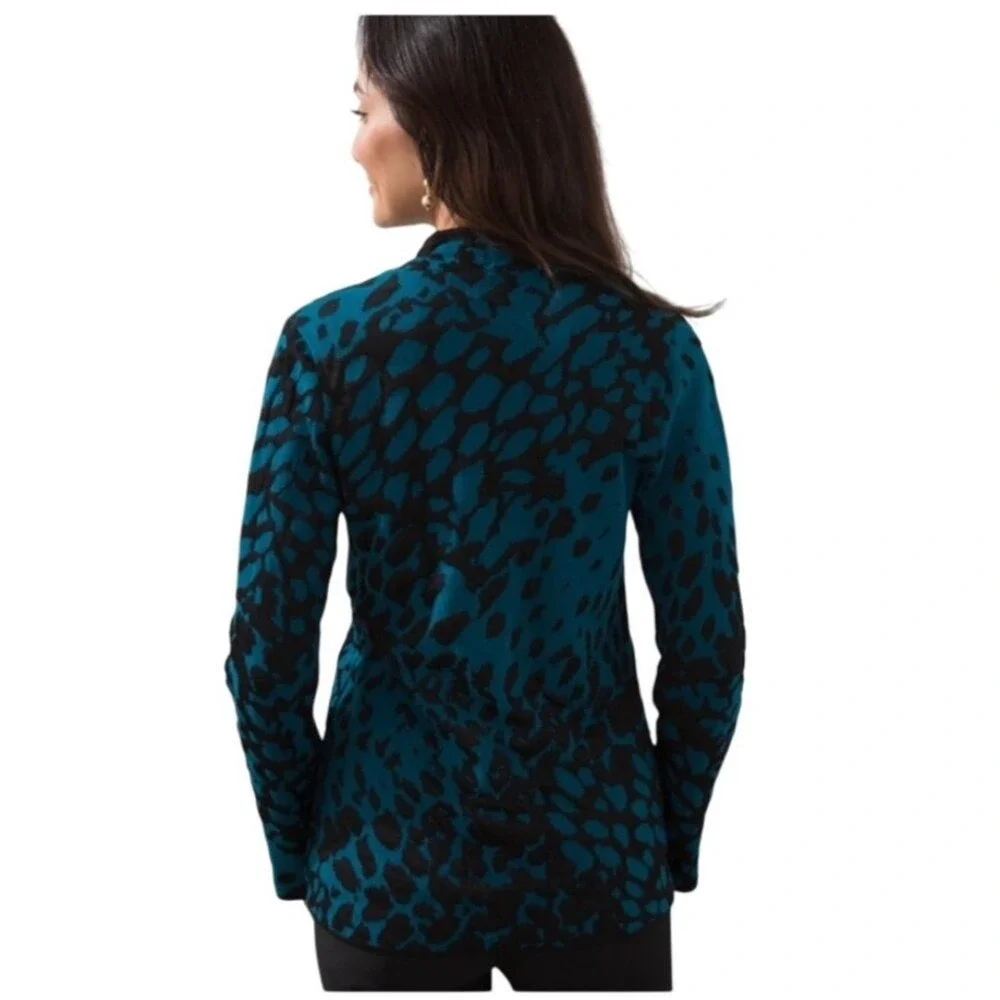 Chicos Long Blue‎ Animal Leopard Print Cardigan Sweater Size L Cotton Cheetah